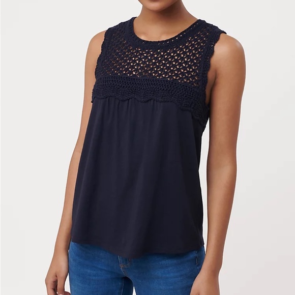 LOFT Tops - Loft top navy blue sleeveless crocheted scoop neck bodice tee large